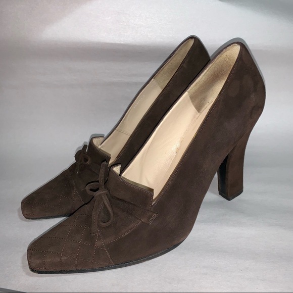 CHANEL size 39.5 brown suede block heel PUMPS w/quilted cap toe - Picture 9 of 9
